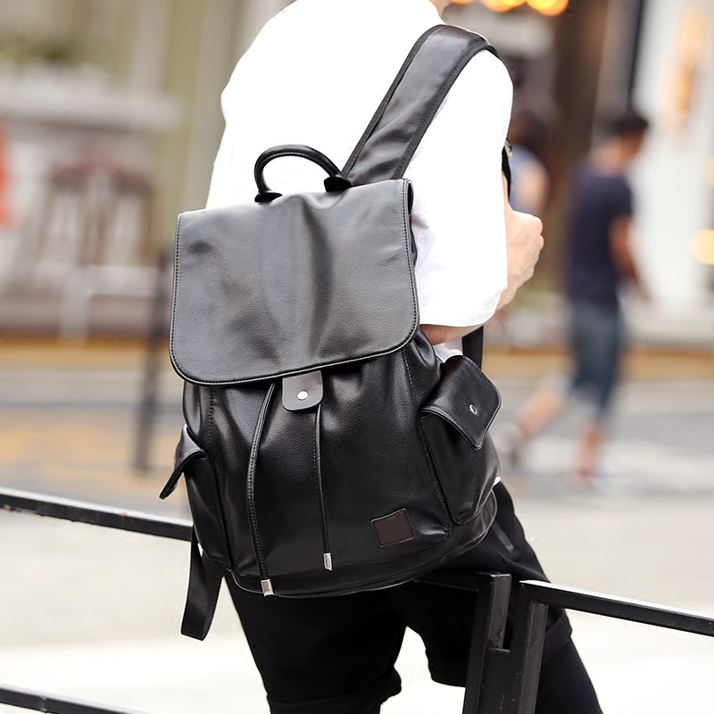 雙肩包男韓版皮質商務潮流翻蓋抽帶時尚背包學生書包男士旅行包